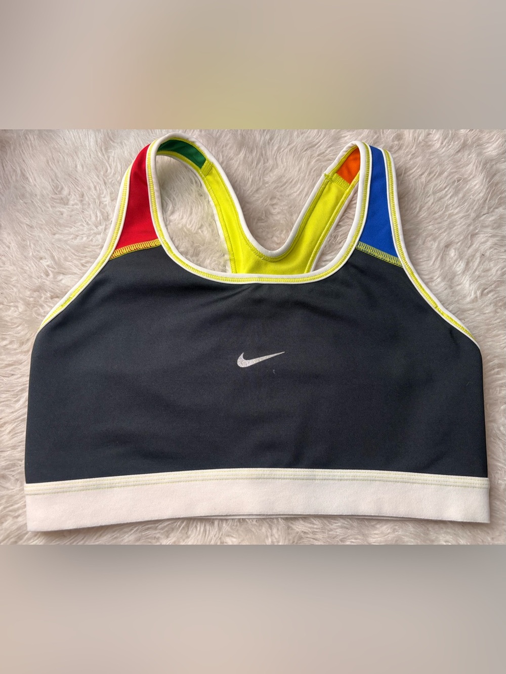 Nike Black Sports Bra with Neon Yellow, Red, Blue and Orange Accents